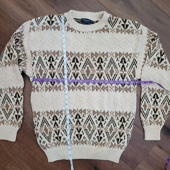 Vintage 90s Y2K Fair Isle Sweater Mens L Van Heusen 100% Cotton Cream Brown USA - Picture 3 of 14